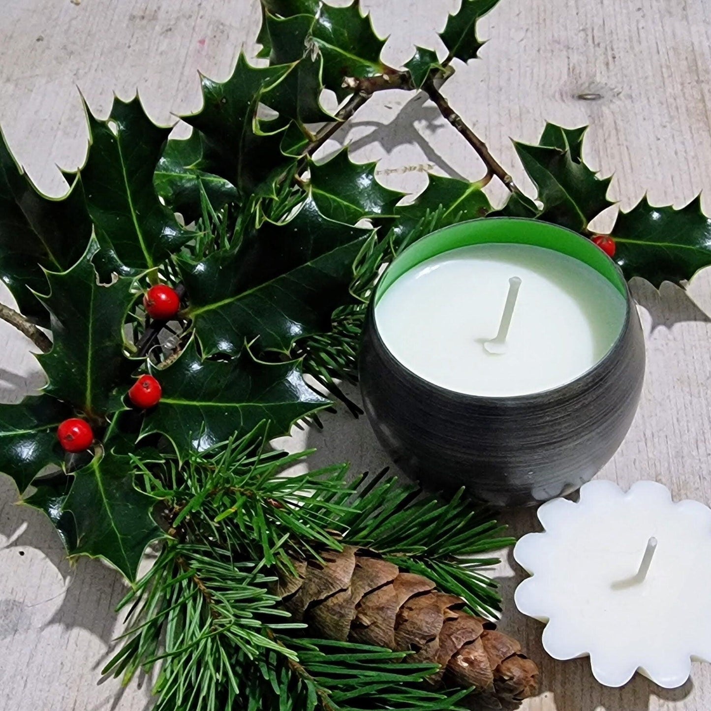 Tea Light Holder Enamelled Aluminium Jars including two hand poured scented tealight candles - thepurehaven